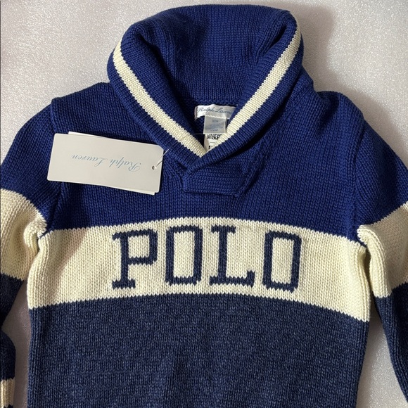 Polo by‎ Ralph Lauren blue and white toddler shawl neck sweater nwt - Picture 3 of 4